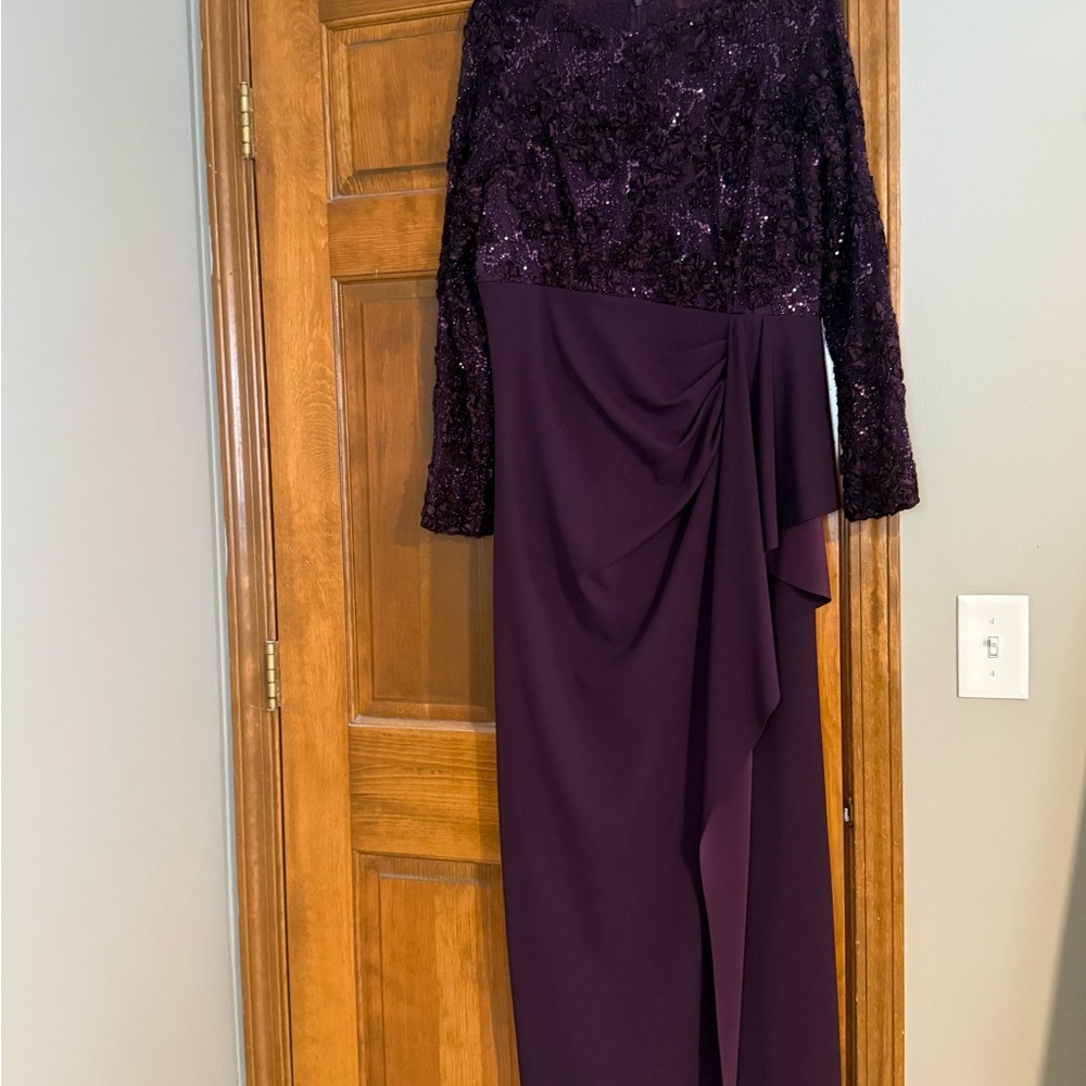 Xscape Long Sleeve Sequin Bodice Plum Evening Gown